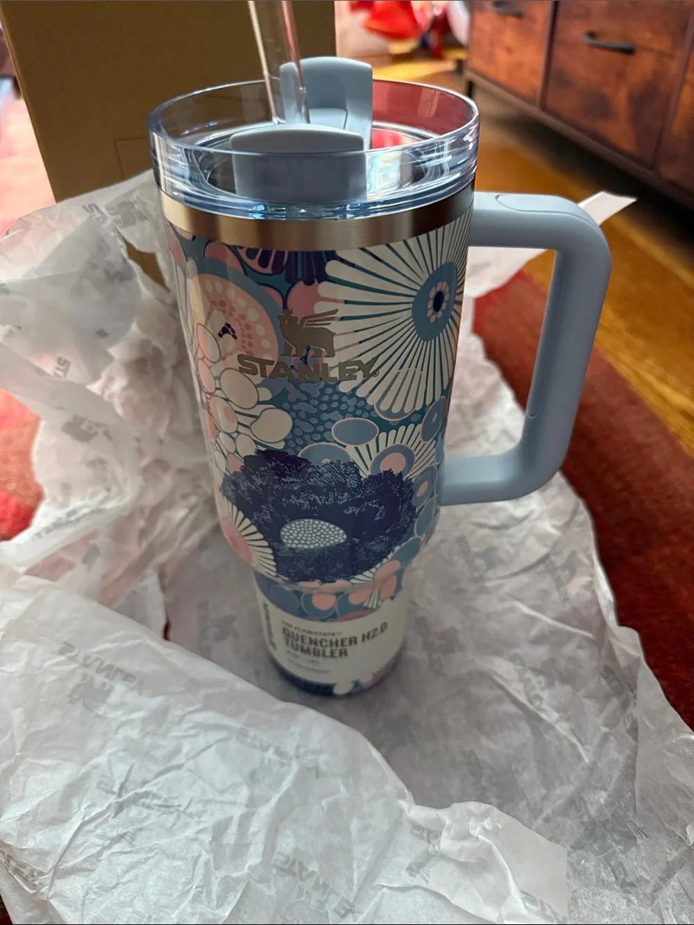 Stanley Floral Pattern Travel Tumbler in Light Blue and Navy